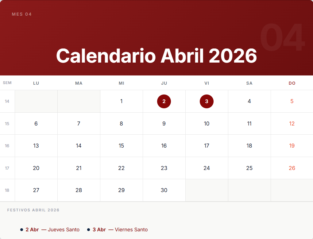 Calendario Abril 2026 