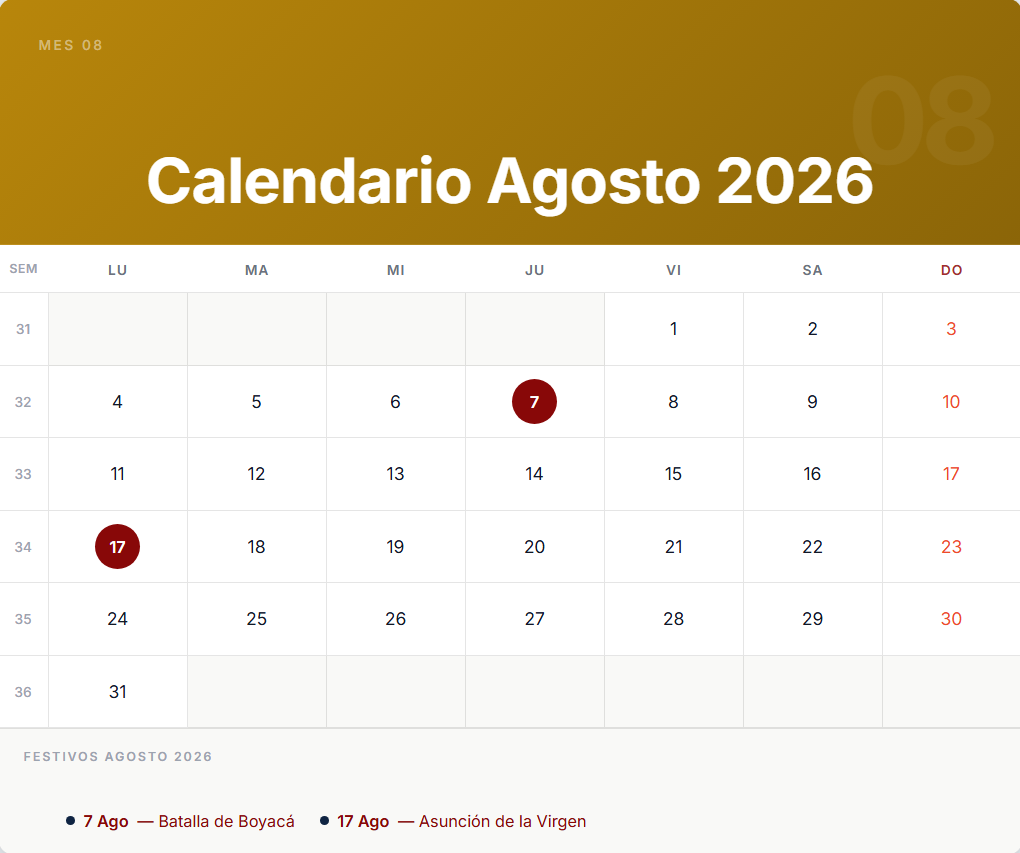 Calendario Agosto 2026
