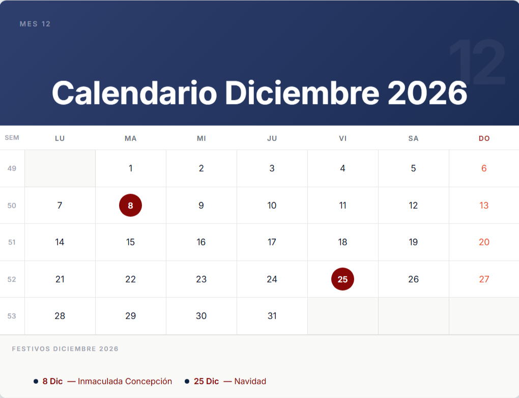 Calendario Diciembre 2026