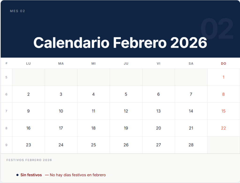 Calendario Febrero 2026
