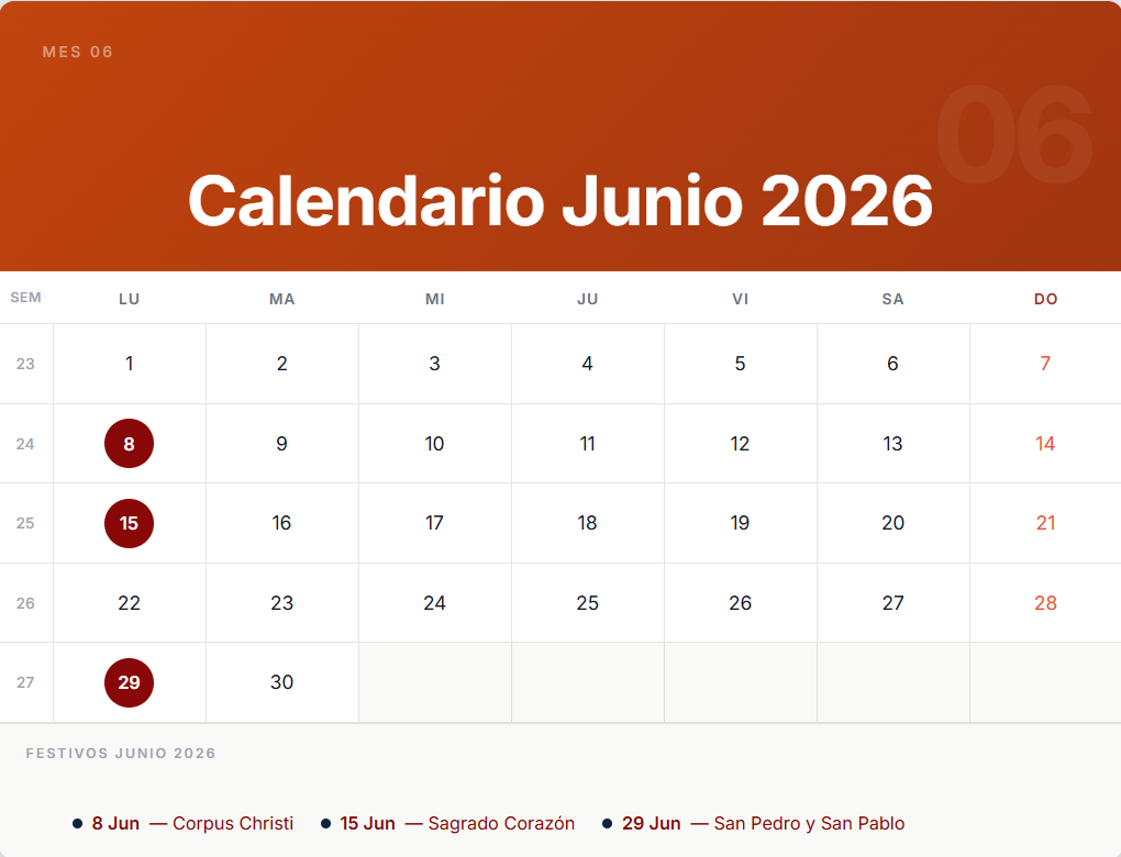 Calendario Junio 2026