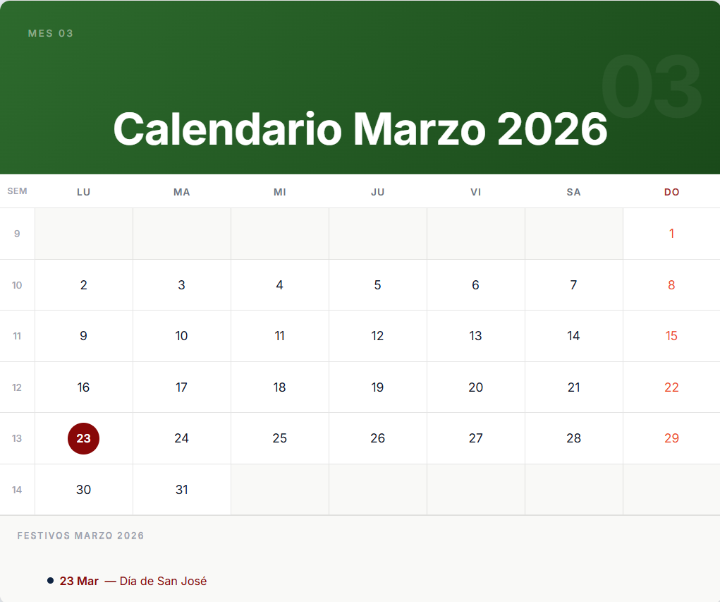 Calendario Marzo 2026