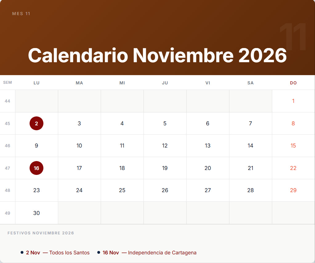 calendario Noviembre 2026 1 Calendario Noviembre 2026