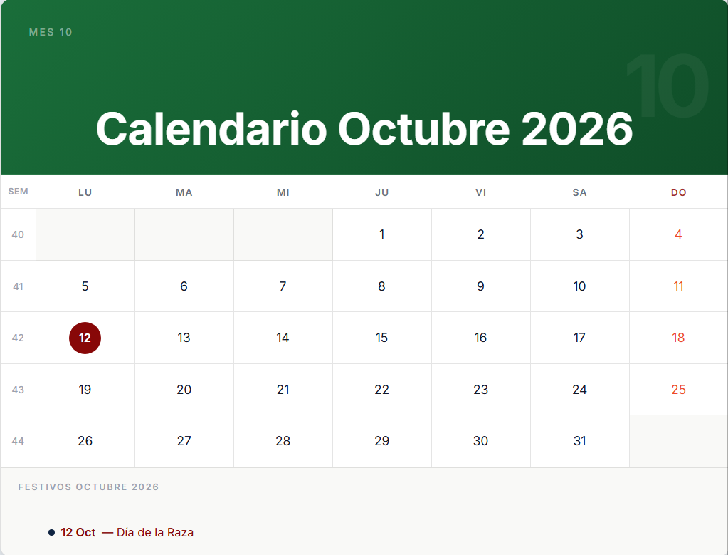 
Calendario Octubre 2026